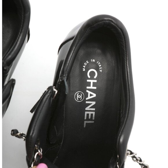 Chanel Patent Calfskin Leather Lambskin Lace Up Wedge Short Boots Black Silver - Picture 8 of 16